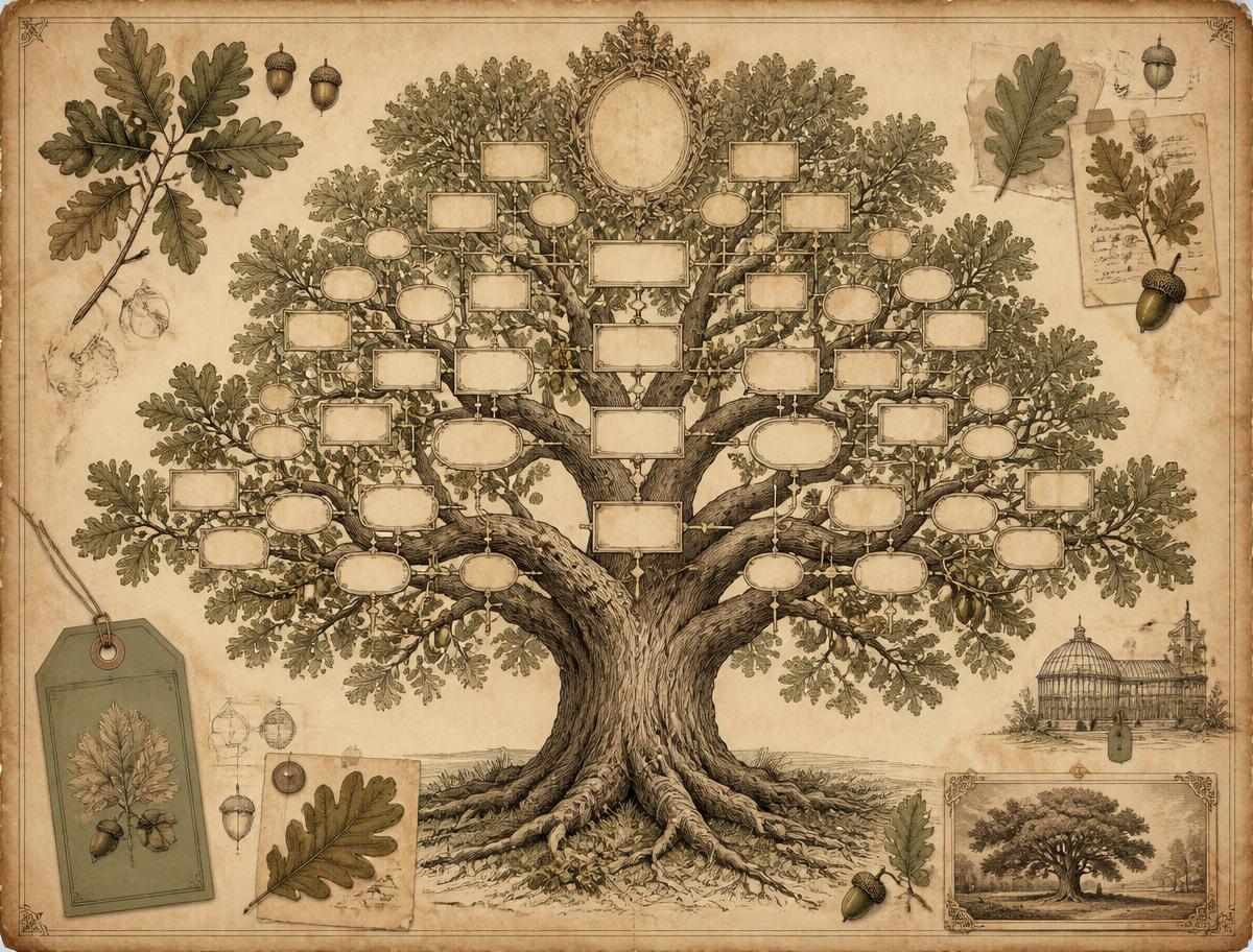 An antique illustrated register of the ancient oak, annotated in faded ink